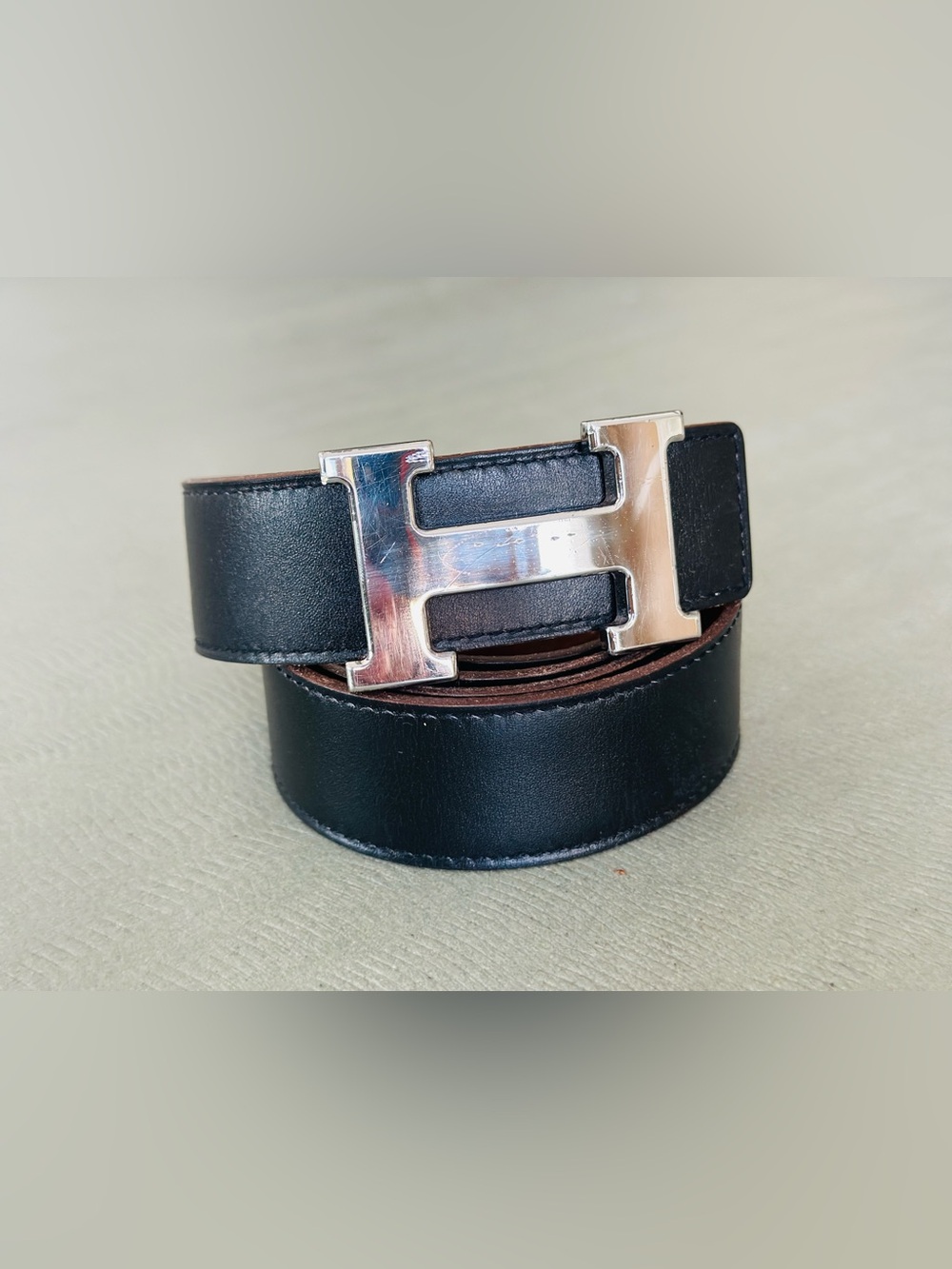 Hermes SILVER Buckle H Belt Black Black Tan Leather Strap 32 mm Width Size 95 Cm - Picture 4 of 16